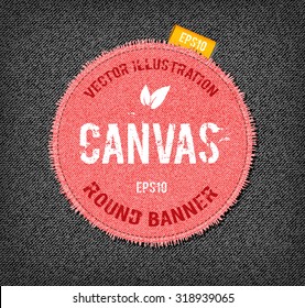 Vector rough stitched pink canvas round banner with fringe and a tag