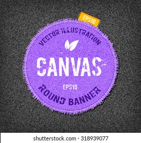 Vector rough stitched purple canvas round banner with fringe and a tag