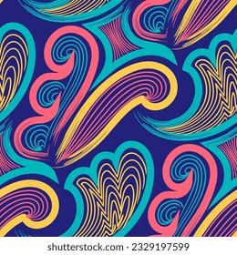 vector rough three color floral freeform lines brush stroke seamless pattern on blue