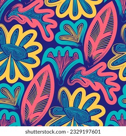 vector rough three color floral and leaves freeform lines brush stroke seamless pattern on blue