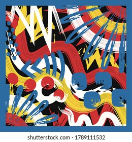 vector rough three color freeform geometric lines brush stroke overlapped scarve pattern on black