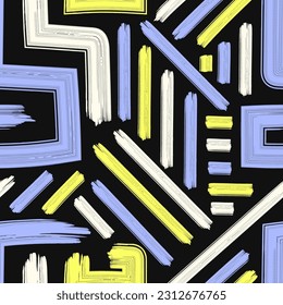 Vektorgrafik mit drei Farben, Freeform und geometrische Linien, Pinselstrich nahtlos Muster auf Schwarz