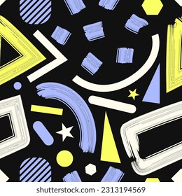 vector rough three color freeform lines brush stroke and geometric seamless pattern on black