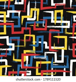trazo de pincel de tres líneas geométricas de tres colores con un patrón sin soldadura en negro