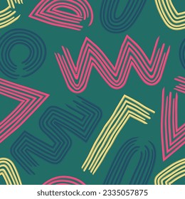 vector rough three color geometric brush stroke shape seamless pattern on green
