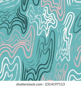 vector rough three color ripple wave lines brush stroke seamless pattern on green