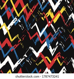 vector rough three color zigzag geometric brush stroke overlapped seamless pattern on black