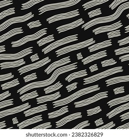 vector rough white ripple askew wave lines brush stroke seamless pattern on black.