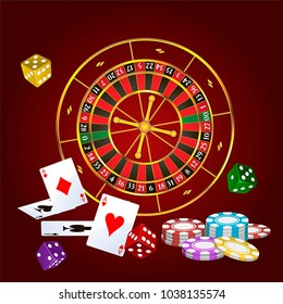 Vector Roulette, cards, multi-colored dice and casino chips on a dark red background