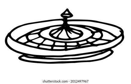 ruleta vectorial del casino, dibujada a mano en el estilo de la ruleta de garabatos para la vista lateral de póquer, contorno negro aislado sobre un fondo blanco para una plantilla de diseño. apostar