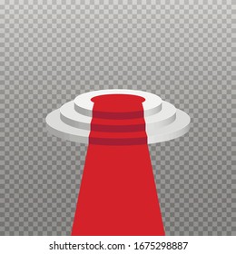Vector round 3d empty podium. Three-stepped winner pedestals with red carpet. Stage for awards ceremony isolated on transparent background.