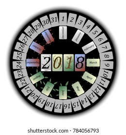 Vector round abstract calendar for 2018, depicting each month of the year in a seasonal frame