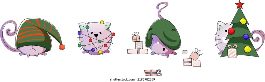 Vector round abstract cats. Entangled in a garland, checks the bag, poured out gifts, put on a Christmas hat, hid behind a New Year tree.