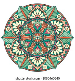 Vector Round Abstract Circle. Mandala Style. Hand Drawn Template. Lines Pattern In Green Colors. Mandala.