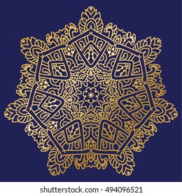 Vector round abstract decoration. Gold mandala with blue background.