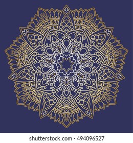 Vector round abstract decoration. Gold mandala with blue background.