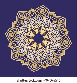 Vector round abstract decoration. Gold mandala with blue background.