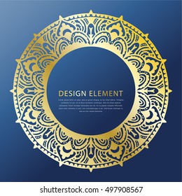 Vector round abstract decoration. Gold mandala with dark blue background.