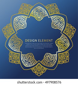 Vector round abstract decoration. Gold mandala with dark blue background.