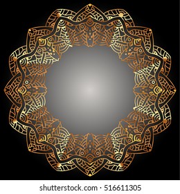 Vector round abstract decoration. Gold mandala with dark background.