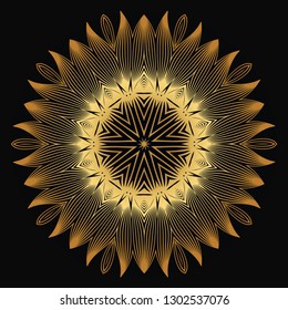 Vector Round Abstract Mandala Style Decorative Element. Hand-Drawn Vector Illustration. Can Be Used For Textile, Greeting Card, Coloring Book, Phone Case Print. Luxury black gold color.