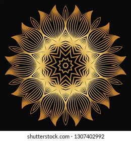 Vector Round Abstract Mandala Style Decorative Element. Hand-Drawn Vector Illustration. Can Be Used For Textile, Greeting Card, Coloring Book, Phone Case Print. Luxury black gold color.