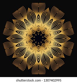 Vector Round Abstract Mandala Style Decorative Element. Hand-Drawn Vector Illustration. Can Be Used For Textile, Greeting Card, Coloring Book, Phone Case Print. Luxury black gold color.