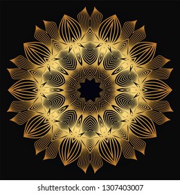 Vector Round Abstract Mandala Style Decorative Element. Hand-Drawn Vector Illustration. Can Be Used For Textile, Greeting Card, Coloring Book, Phone Case Print. Luxury black gold color.