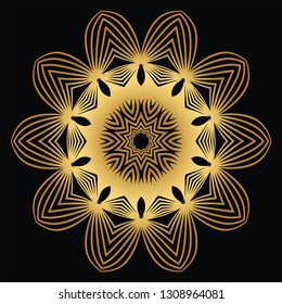 Vector Round Abstract Mandala Style Decorative Element. Hand-Drawn Vector Illustration. Can Be Used For Textile, Greeting Card, Coloring Book, Phone Case Print. Luxury black gold color.