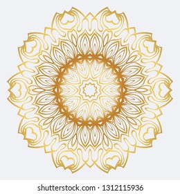 Vector Round Abstract Mandala Style Decorative Element. Hand-Drawn Vector Illustration. Can Be Used For Textile, Greeting Card, Coloring Book, Phone Case Print. Gold color.