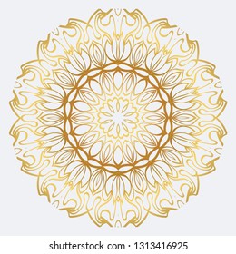 Vector Round Abstract Mandala Style Decorative Element. Hand-Drawn Vector Illustration. Can Be Used For Textile, Greeting Card, Coloring Book, Phone Case Print. Gold color.