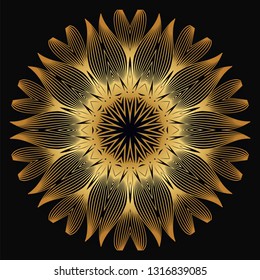Vector Round Abstract Mandala Style Decorative Element. Hand-Drawn Vector Illustration. Can Be Used For Textile, Greeting Card, Coloring Book, Phone Case Print. Luxury black gold color.
