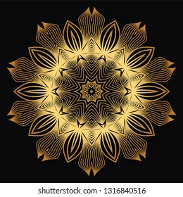Vector Round Abstract Mandala Style Decorative Element. Hand-Drawn Vector Illustration. Can Be Used For Textile, Greeting Card, Coloring Book, Phone Case Print. Luxury black gold color.