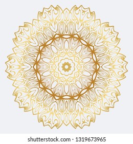 Vector Round Abstract Mandala Style Decorative Element. Hand-Drawn Vector Illustration. Can Be Used For Textile, Greeting Card, Coloring Book, Phone Case Print. Gold color.