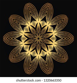 Vector Round Abstract Mandala Style Decorative Element. Hand-Drawn Vector Illustration. Can Be Used For Textile, Greeting Card, Coloring Book, Phone Case Print. Luxury black gold color.