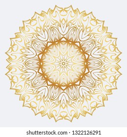 Vector Round Abstract Mandala Style Decorative Element. Hand-Drawn Vector Illustration. Can Be Used For Textile, Greeting Card, Coloring Book, Phone Case Print. Gold color.