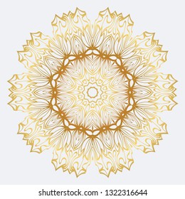 Vector Round Abstract Mandala Style Decorative Element. Hand-Drawn Vector Illustration. Can Be Used For Textile, Greeting Card, Coloring Book, Phone Case Print. Gold color.