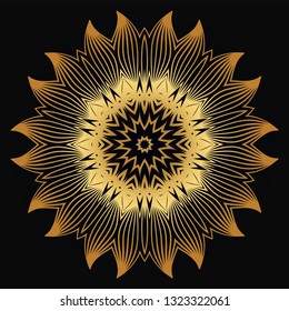 Vector Round Abstract Mandala Style Decorative Element. Hand-Drawn Vector Illustration. Can Be Used For Textile, Greeting Card, Coloring Book, Phone Case Print. Luxury black gold color.