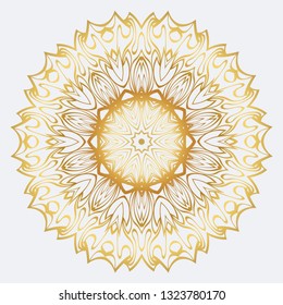 Vector Round Abstract Mandala Style Decorative Element. Hand-Drawn Vector Illustration. Can Be Used For Textile, Greeting Card, Coloring Book, Phone Case Print. Gold color.