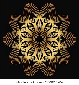 Vector Round Abstract Mandala Style Decorative Element. Hand-Drawn Vector Illustration. Can Be Used For Textile, Greeting Card, Coloring Book, Phone Case Print. Luxury black gold color.