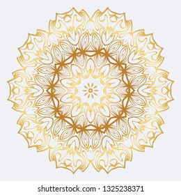 Vector Round Abstract Mandala Style Decorative Element. Hand-Drawn Vector Illustration. Can Be Used For Textile, Greeting Card, Coloring Book, Phone Case Print. Gold color.