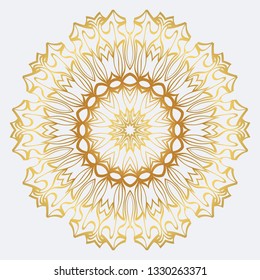 Vector Round Abstract Mandala Style Decorative Element. Hand-Drawn Vector Illustration. Can Be Used For Textile, Greeting Card, Coloring Book, Phone Case Print. Gold color.