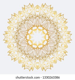 Vector Round Abstract Mandala Style Decorative Element. Hand-Drawn Vector Illustration. Can Be Used For Textile, Greeting Card, Coloring Book, Phone Case Print. Gold color.