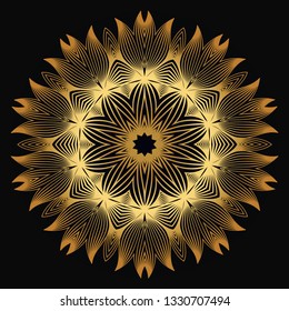 Vector Round Abstract Mandala Style Decorative Element. Hand-Drawn Vector Illustration. Can Be Used For Textile, Greeting Card, Coloring Book, Phone Case Print. Luxury black gold color.
