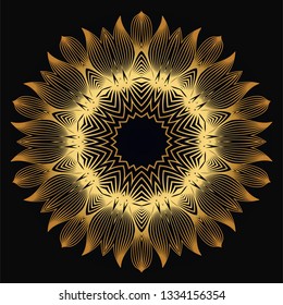 Vector Round Abstract Mandala Style Decorative Element. Hand-Drawn Vector Illustration. Can Be Used For Textile, Greeting Card, Coloring Book, Phone Case Print. Luxury black gold color.