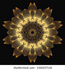 Vector Round Abstract Mandala Style Decorative Element. Hand-Drawn Vector Illustration. Can Be Used For Textile, Greeting Card, Coloring Book, Phone Case Print. Luxury black gold color.