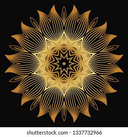 Vector Round Abstract Mandala Style Decorative Element. Hand-Drawn Vector Illustration. Can Be Used For Textile, Greeting Card, Coloring Book, Phone Case Print. Luxury black gold color.