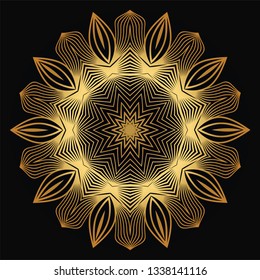 Vector Round Abstract Mandala Style Decorative Element. Hand-Drawn Vector Illustration. Can Be Used For Textile, Greeting Card, Coloring Book, Phone Case Print. Luxury black gold color.