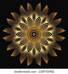 Vector Round Abstract Mandala Style Decorative Element. Hand-Drawn Vector Illustration. Can Be Used For Textile, Greeting Card, Coloring Book, Phone Case Print. Luxury black gold color.