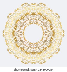 Vector Round Abstract Mandala Style Decorative Element. Hand-Drawn Vector Illustration. Can Be Used For Textile, Greeting Card, Coloring Book, Phone Case Print. Gold color.